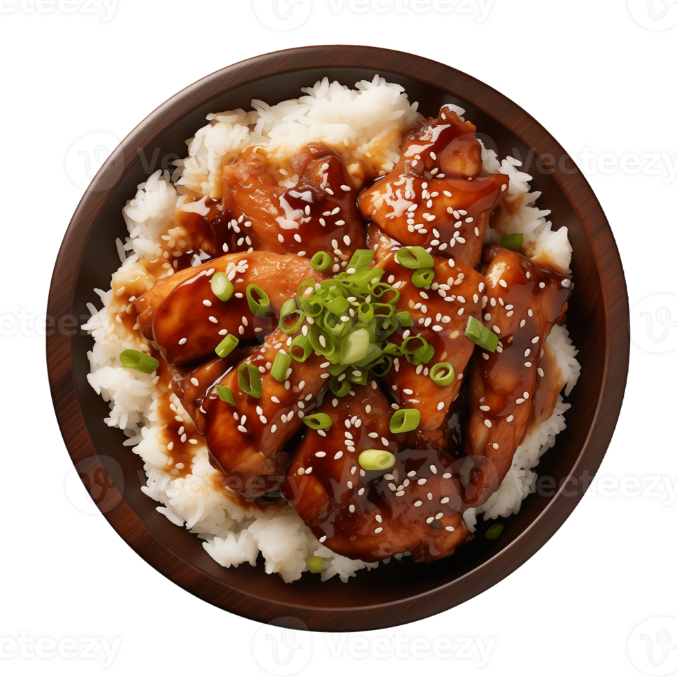 AI generated A plate of teriyaki chicken with rice isolated on a transparent background, top view png