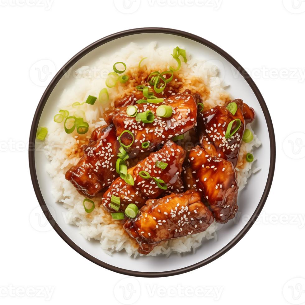 AI generated A plate of teriyaki chicken with rice isolated on a transparent background, top view png