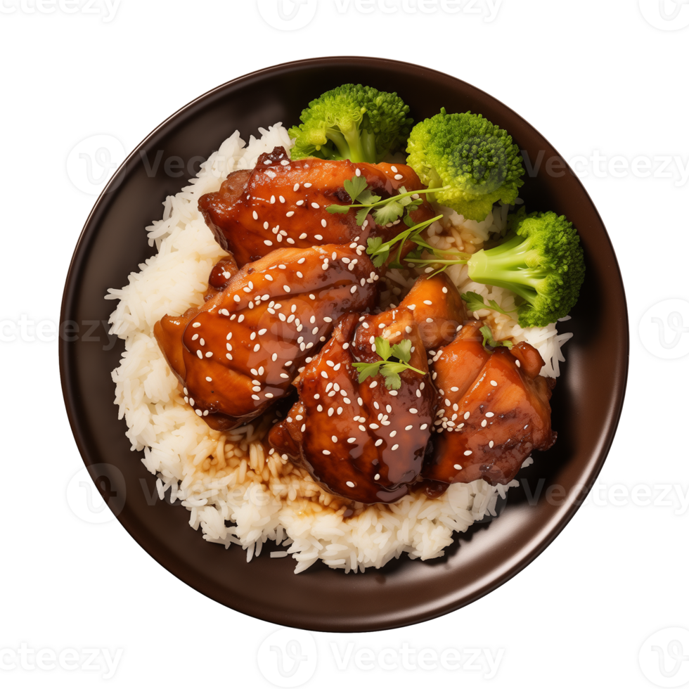 AI generated A plate of teriyaki chicken with rice isolated on a transparent background, top view png