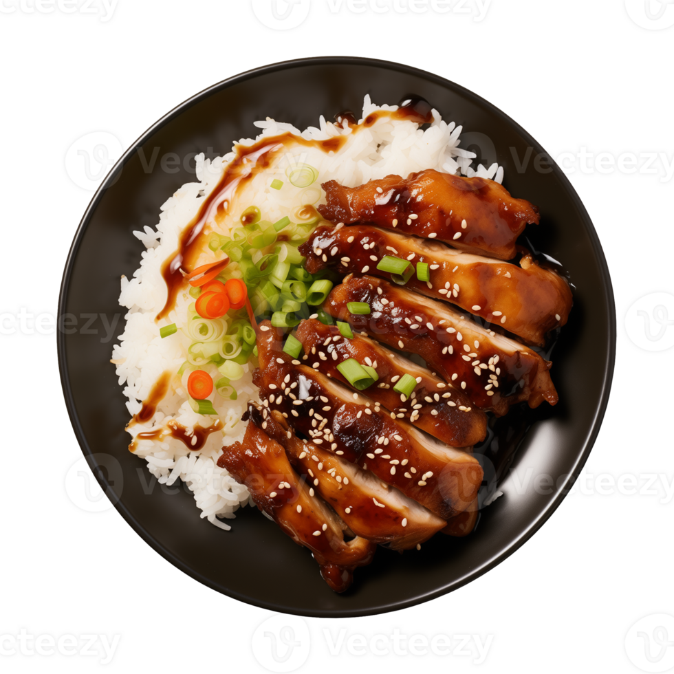 AI generated A plate of teriyaki chicken with rice isolated on a transparent background, top view png