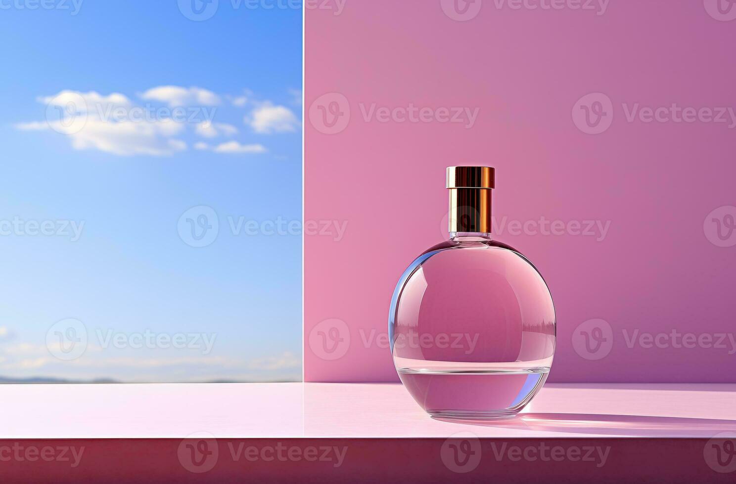 AI generated Perfume bottle on pink and blue background with space for text. photo
