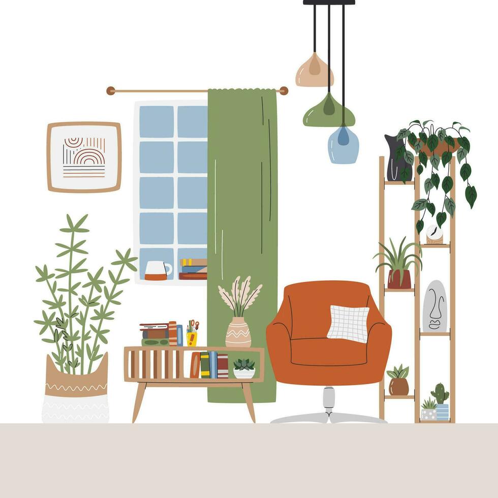 Home office interior design. Cozy study space and workplace with many plants and books. Leisure resting zone. Residetional scene with cute furniture. Living room hand drawn flat vector illustration