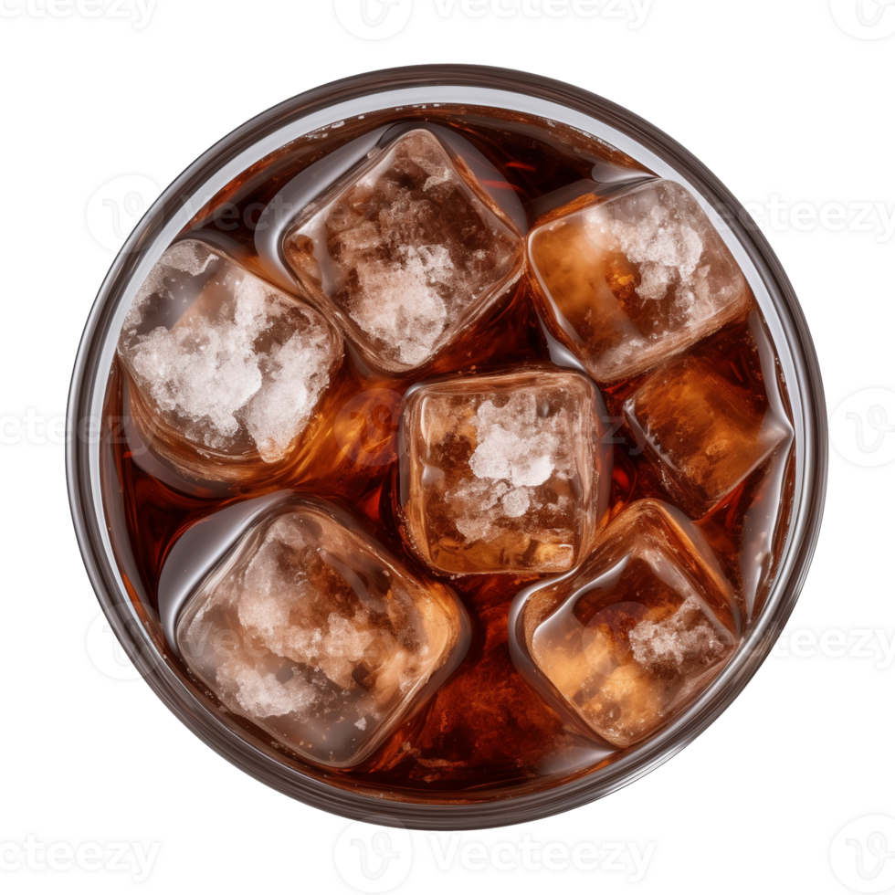 AI generated a glass of iced cola or iced tea isolated on a transparent background, top view png