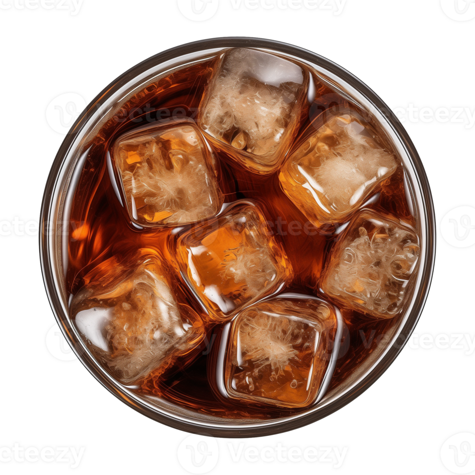 AI generated a glass of iced cola or iced tea isolated on a transparent background, top view png