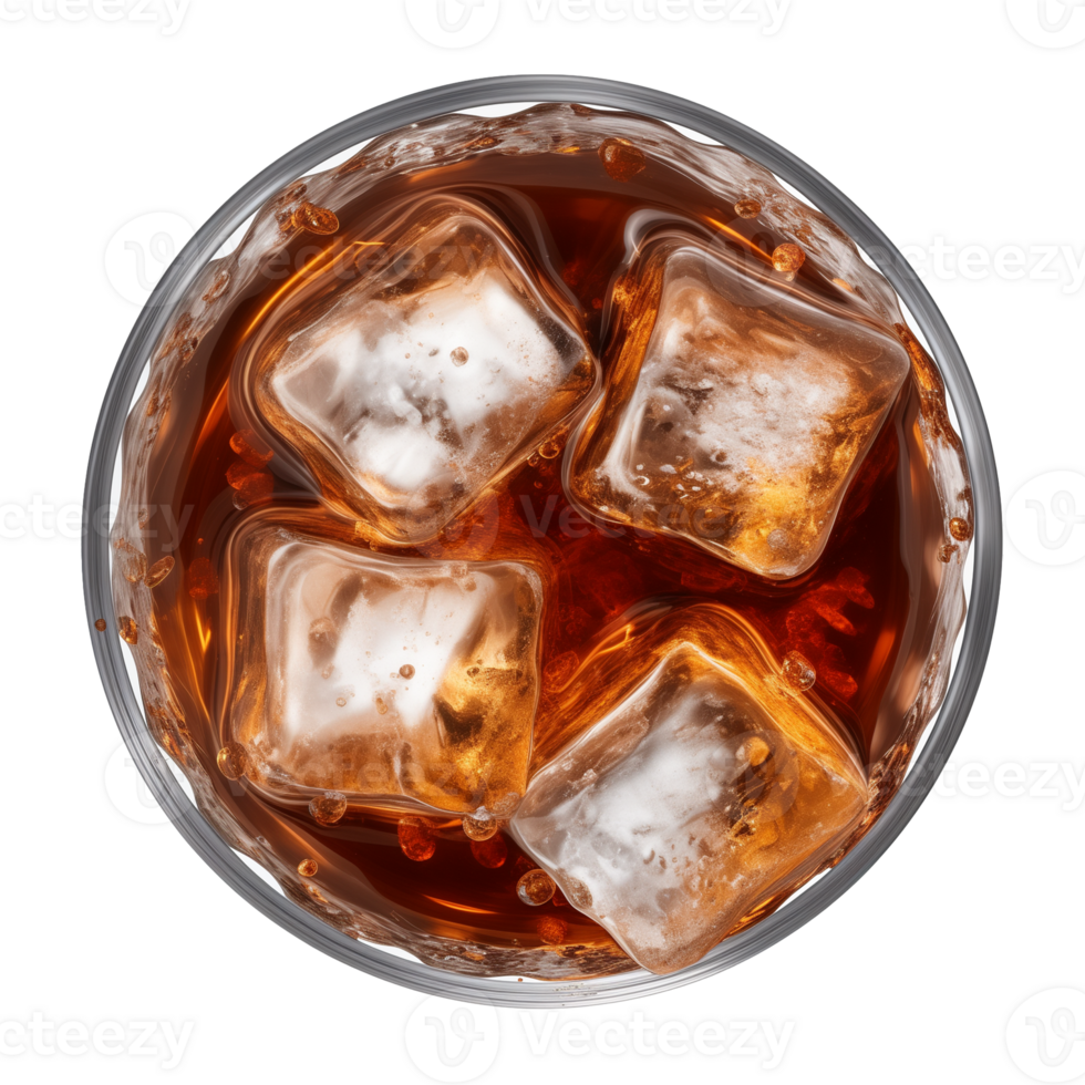 AI generated a glass of iced cola or iced tea isolated on a transparent background, top view png