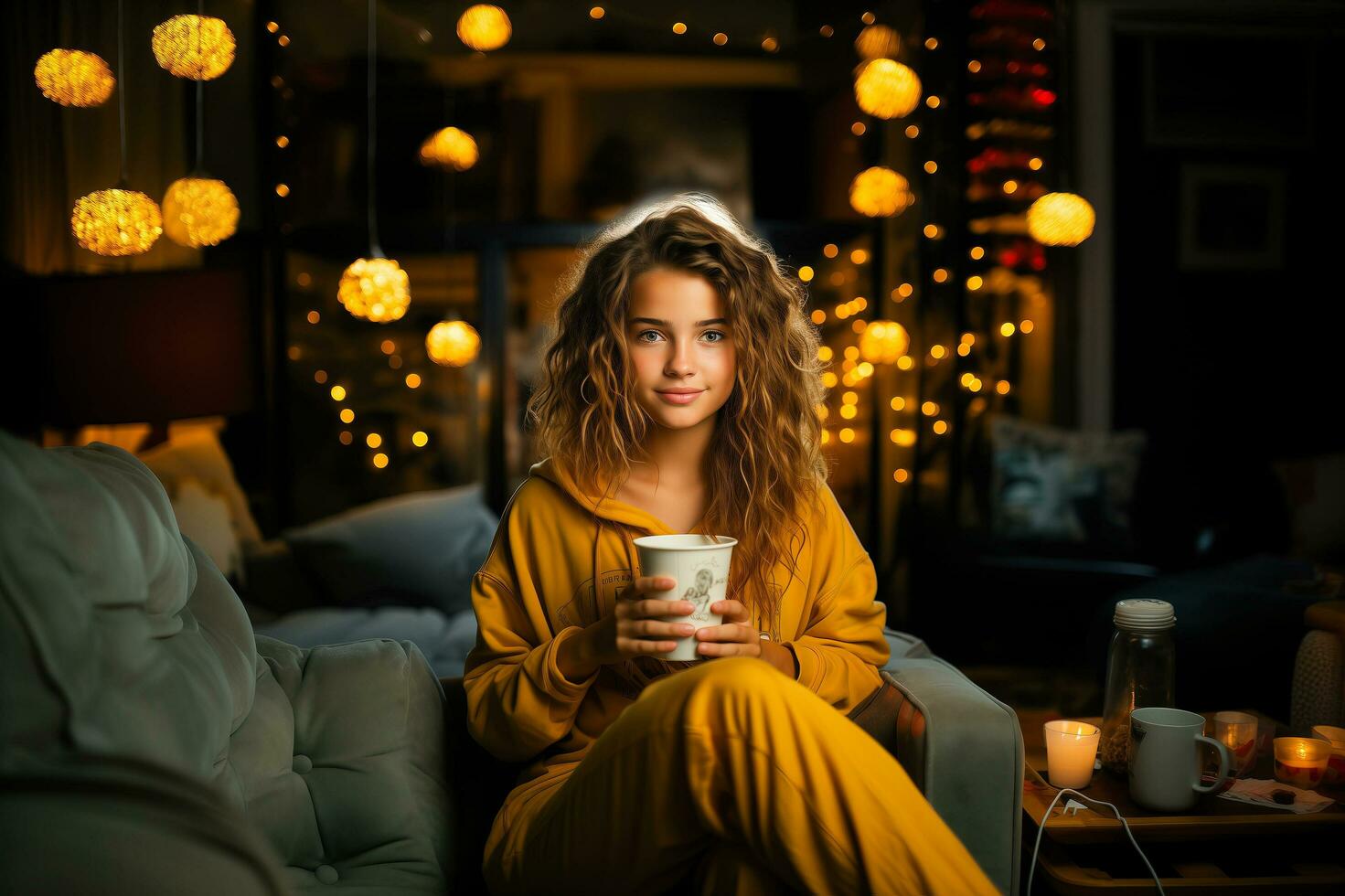 AI generated A girl is sitting in a chair in yellow clothes at her house and holding a glass. photo