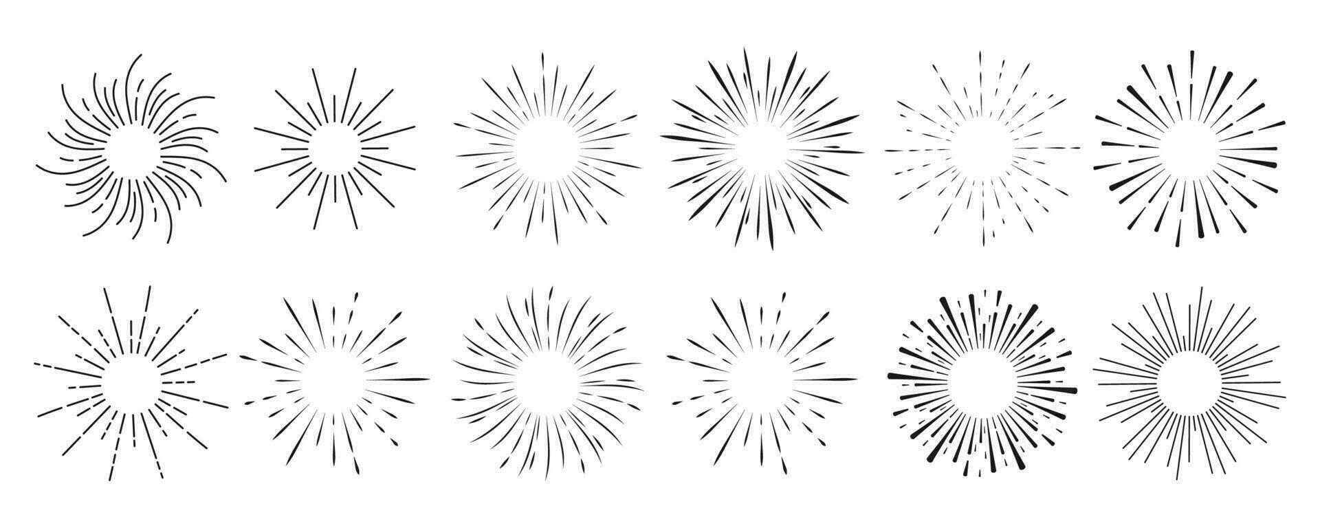 Set Fireworks, rays, sunburst frames circle border decoration, sparkle in doodle style, line sketch explosion isolated on white background. Vector illustration