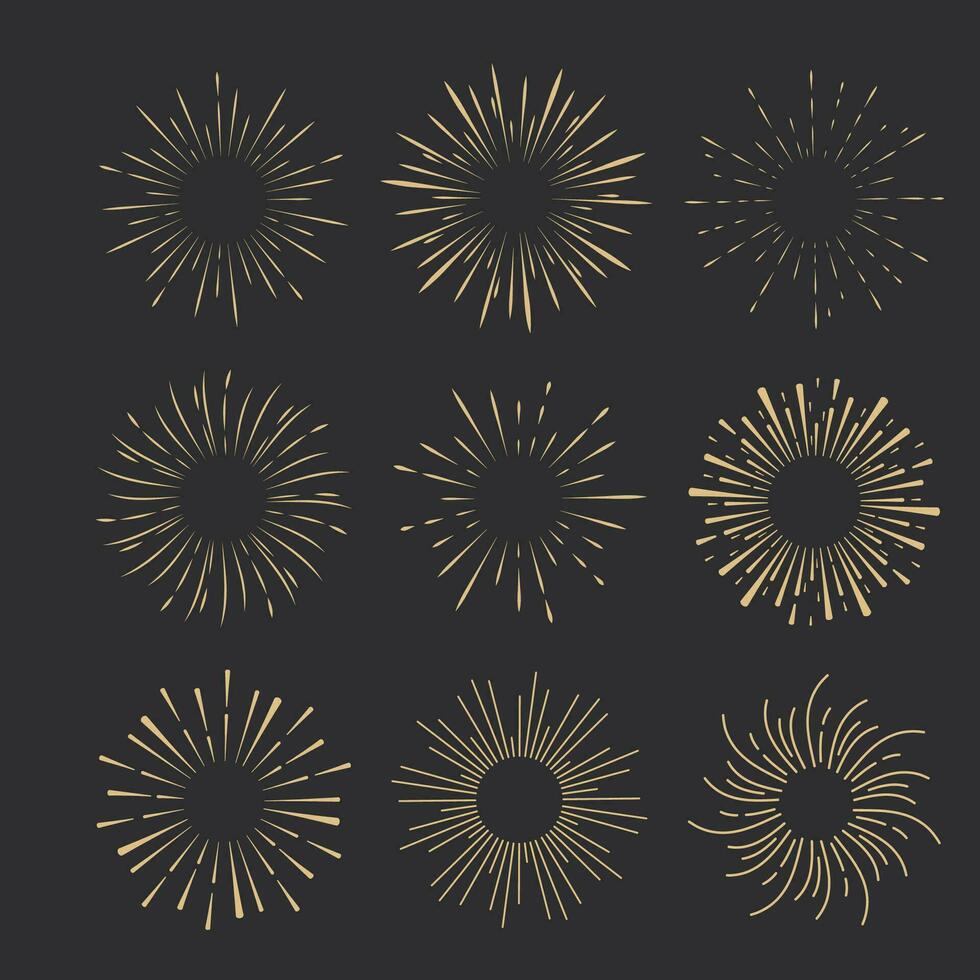 Set golden Fireworks, rays, sunburst frames circle border decoration, sparkle in doodle style, line sketch explosion isolated on dark background. Vector illustration