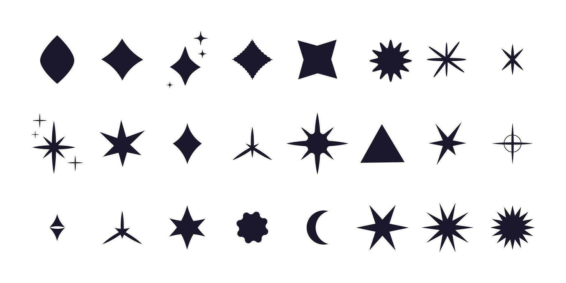 Set star sparkle silhouette y2k burst, geometry abstract shape isolated on white background. Collection futuristic hipster design elements. vector