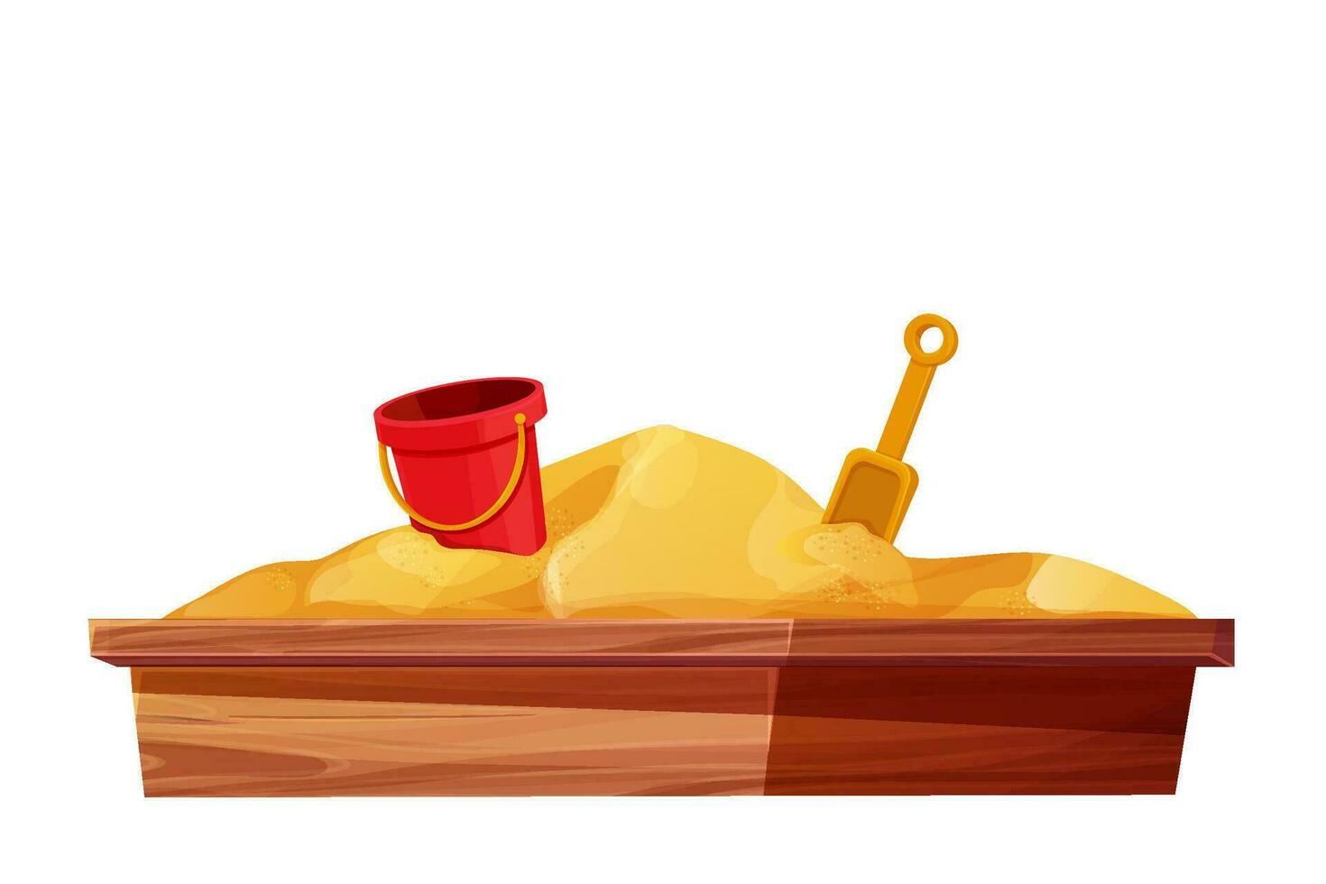 Wooden sandbox with sand pile in cartoon style, playground for kirs outdoor isolated on white background. . Vector illustration