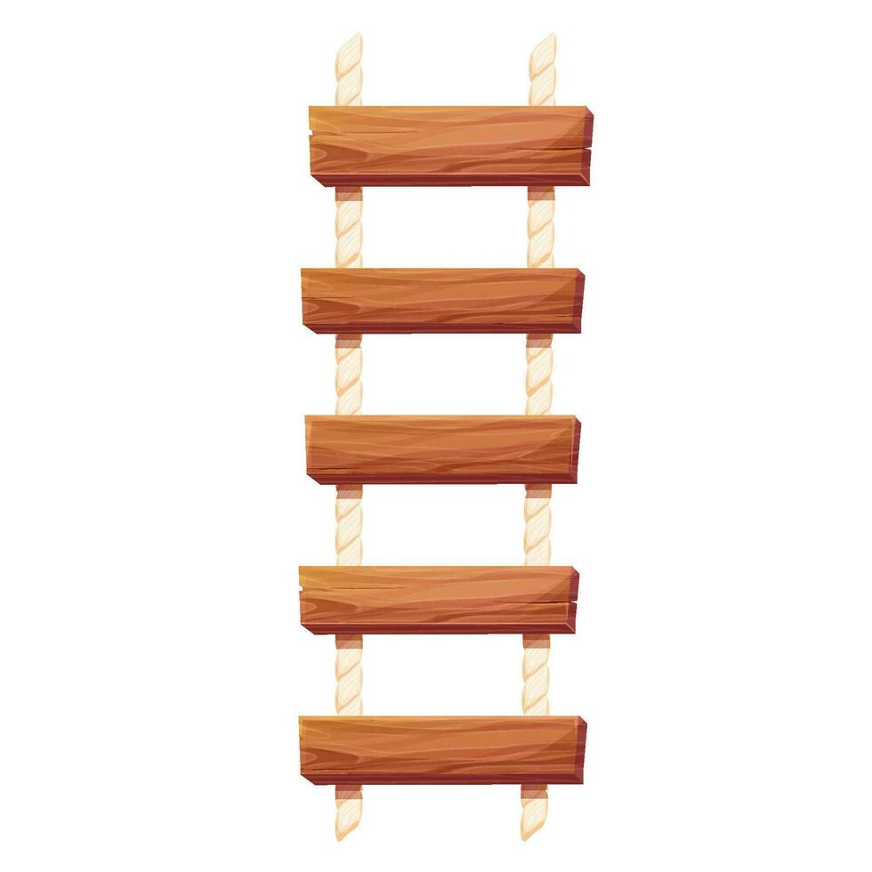 Wooden ladder with rope, planks hanging, staircase in cartoon style isolated on white background, Bridge, game road. Vector illustration