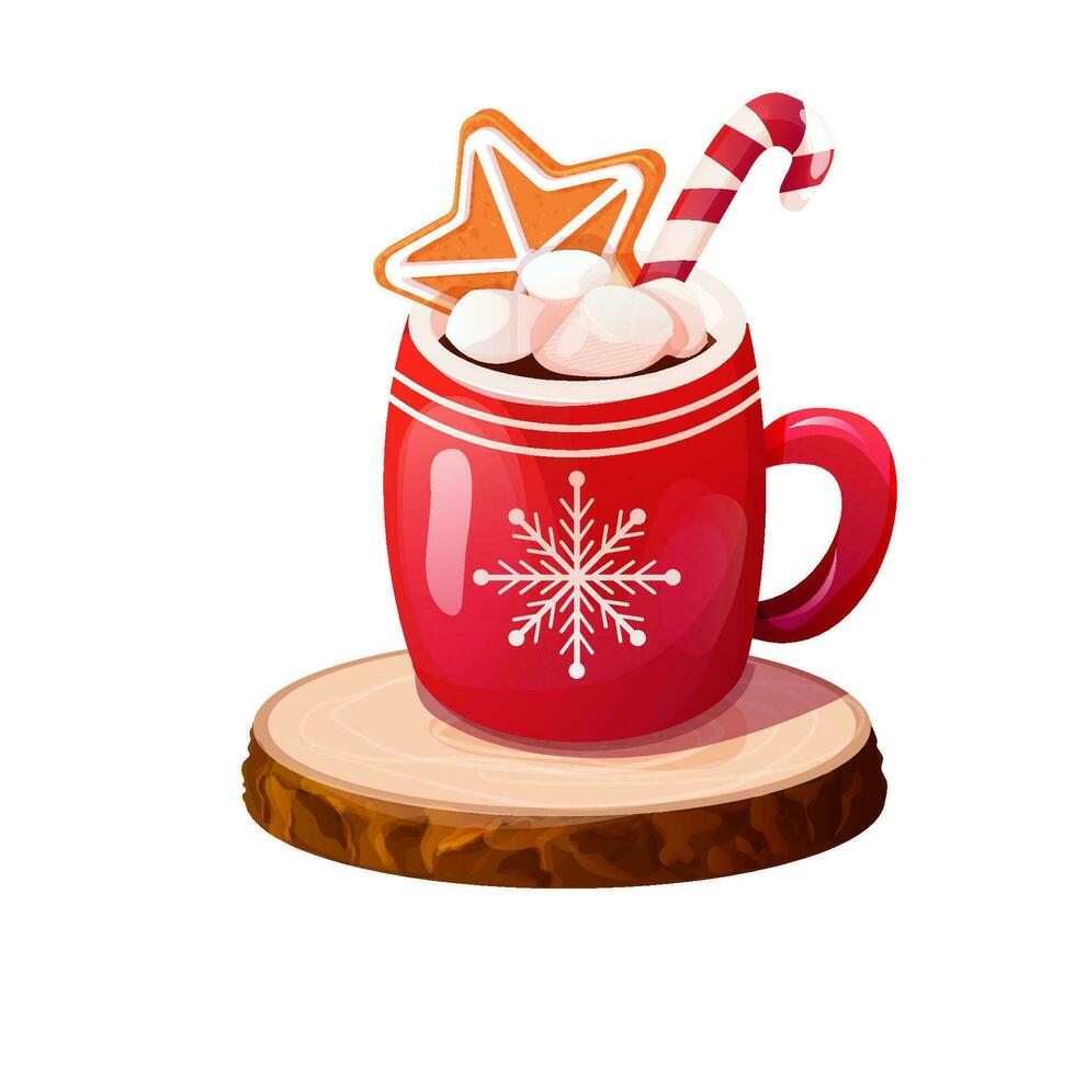 Christmas holiday red mug with hot beverage, marshmallow, gingerbread star on wood tray in cartoon style isolated on white background. Vector illustration