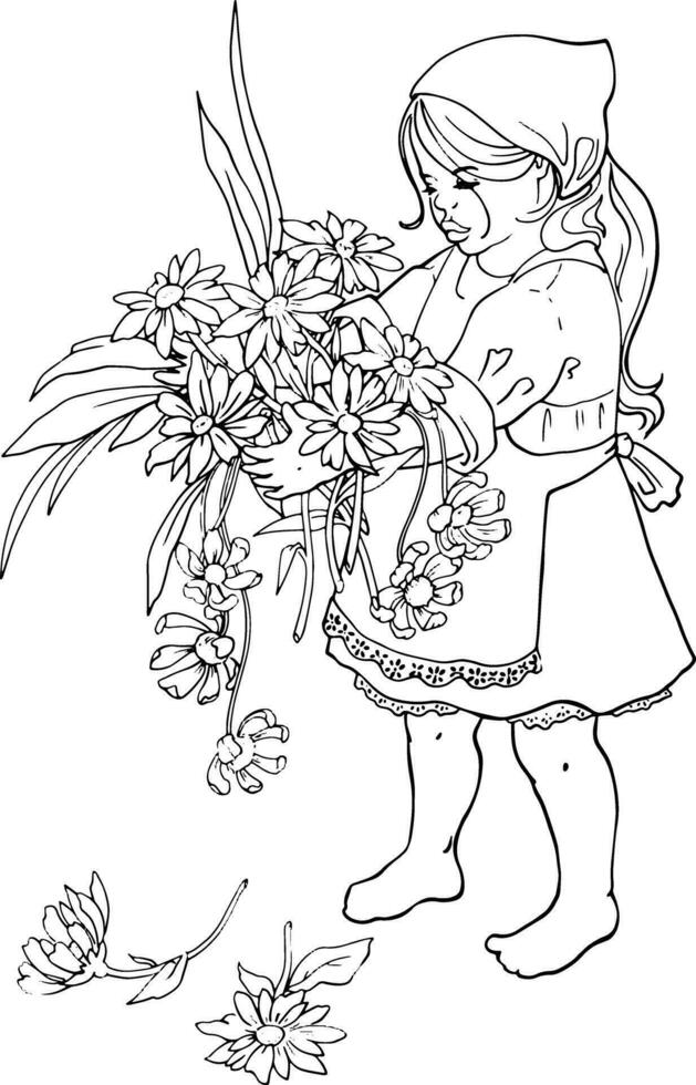 A little girl in a dress and apron stands barefoot and holds a bouquet of flowers in her hands. Line drawing for printing coloring books, children's books, games and printing on children's products. vector