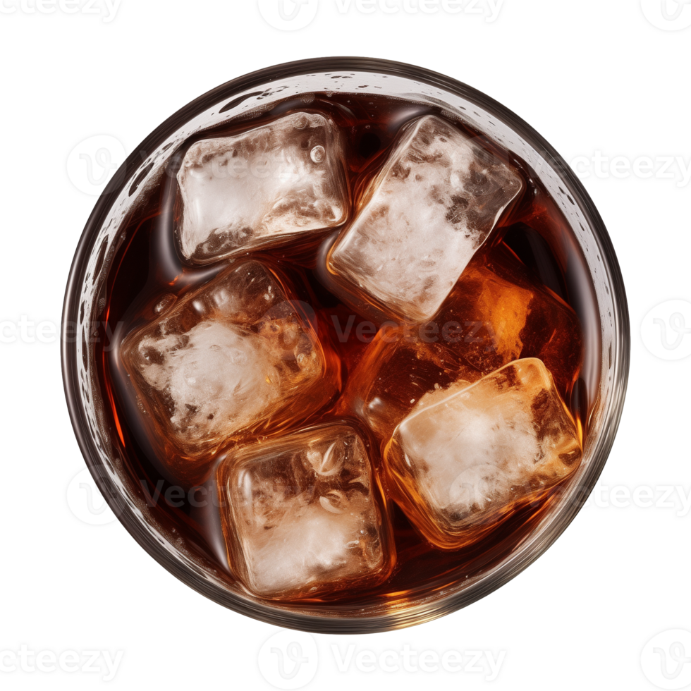 AI generated a glass of iced cola or iced tea isolated on a transparent background, top view png