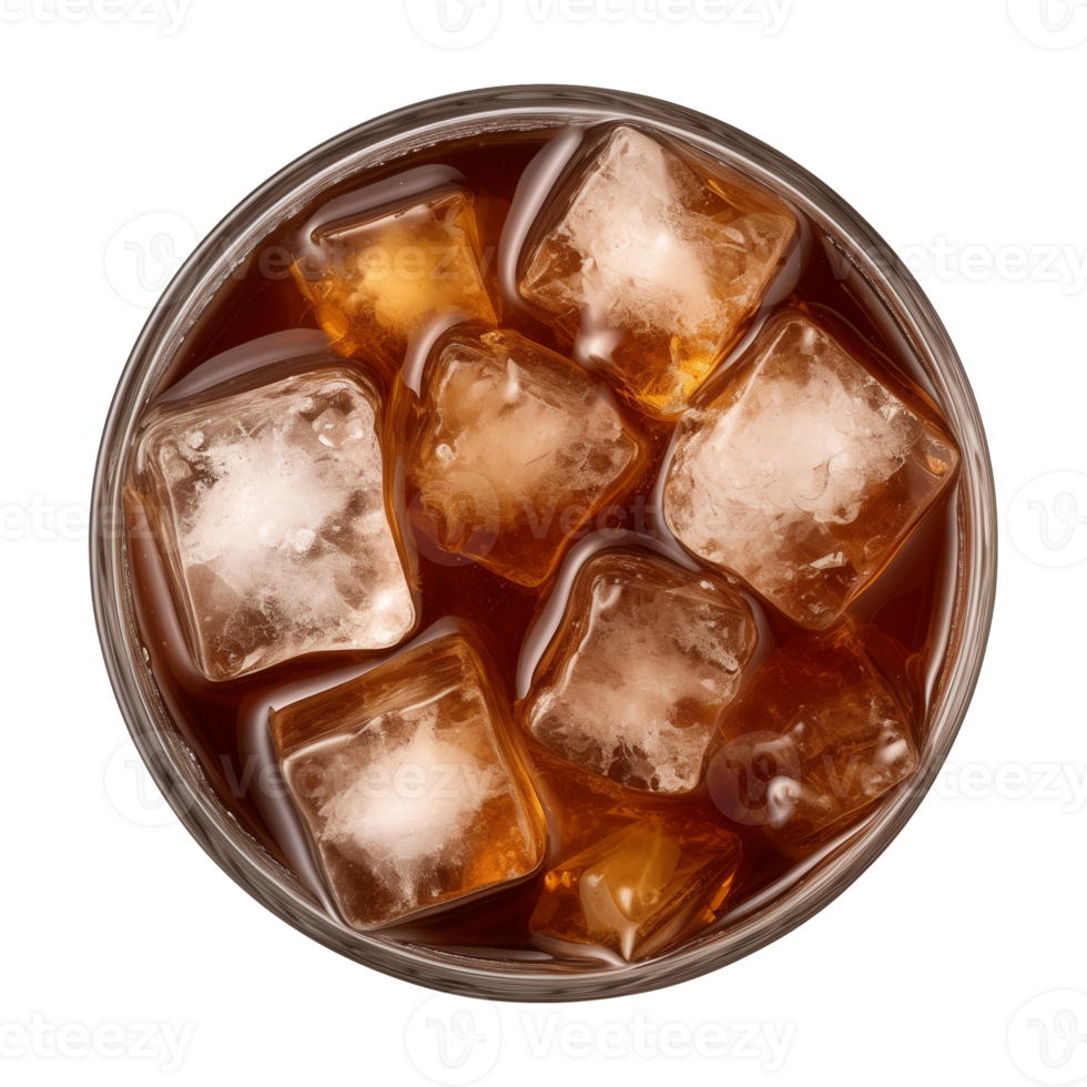 AI generated a glass of iced cola or iced tea isolated on a transparent background, top view png