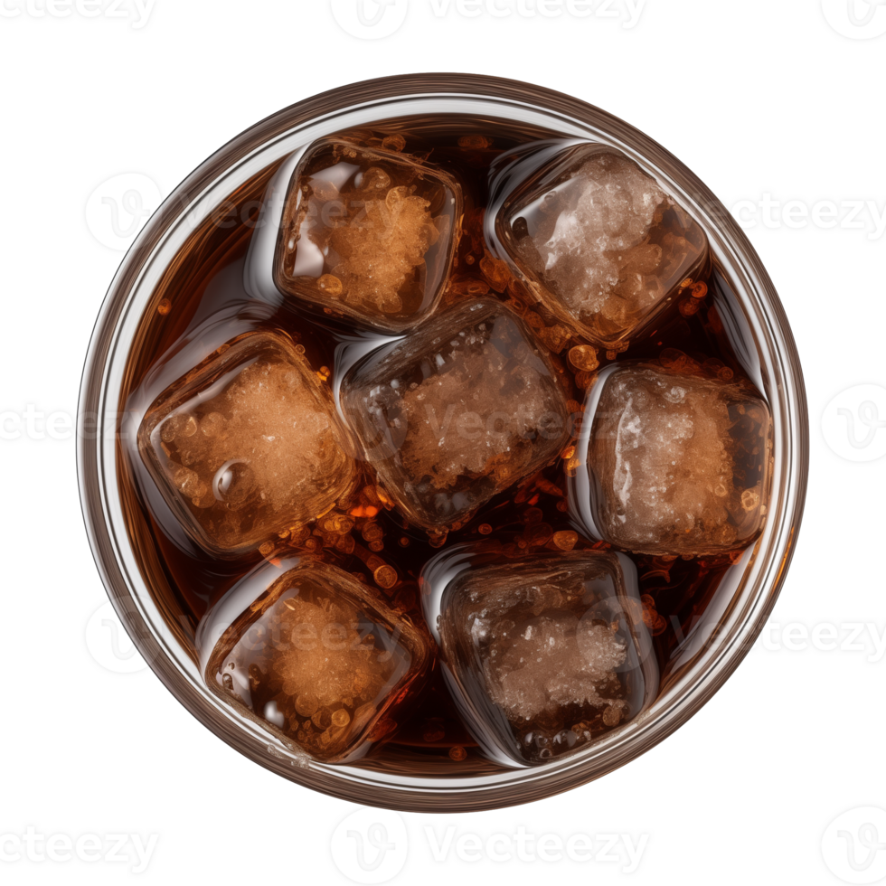 AI generated a glass of iced cola or iced tea isolated on a transparent background, top view png