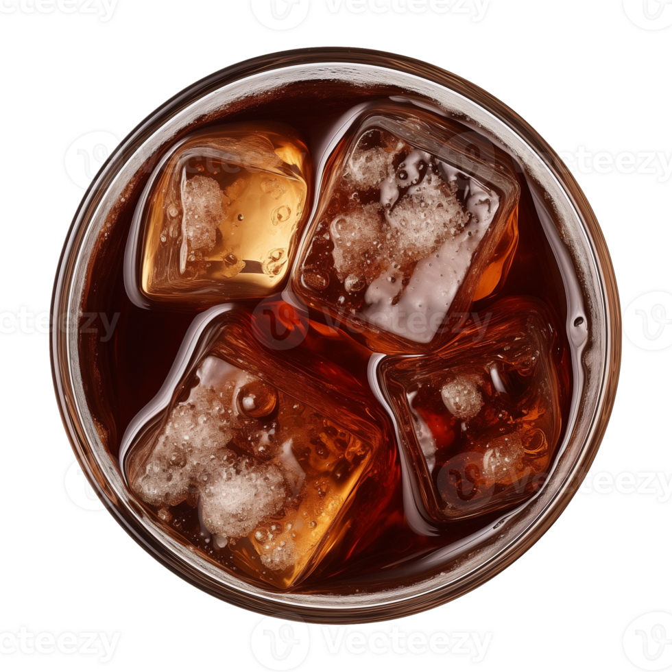 AI generated a glass of iced cola or iced tea isolated on a transparent background, top view png