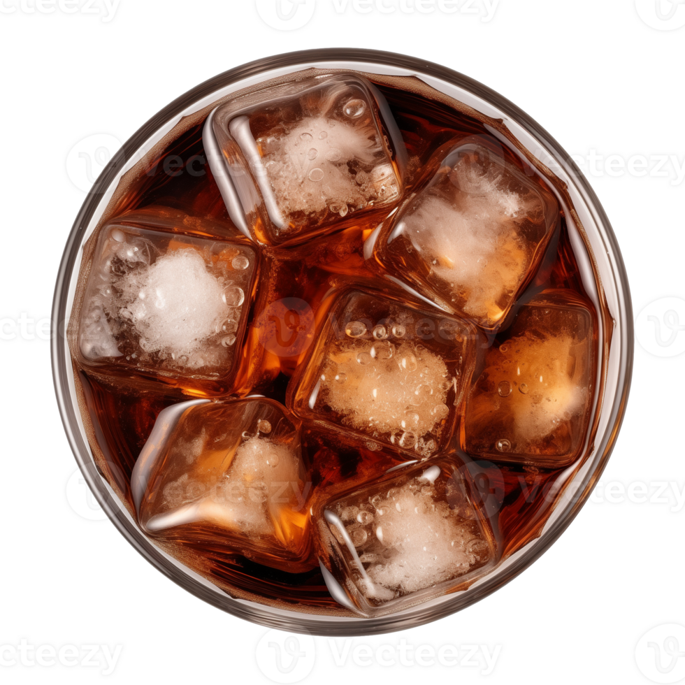 AI generated a glass of iced cola or iced tea isolated on a transparent background, top view png