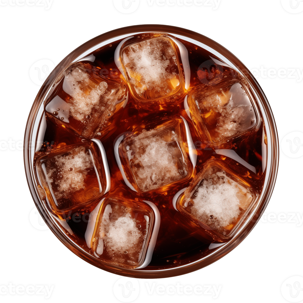 AI generated a glass of iced cola or iced tea isolated on a transparent background, top view png