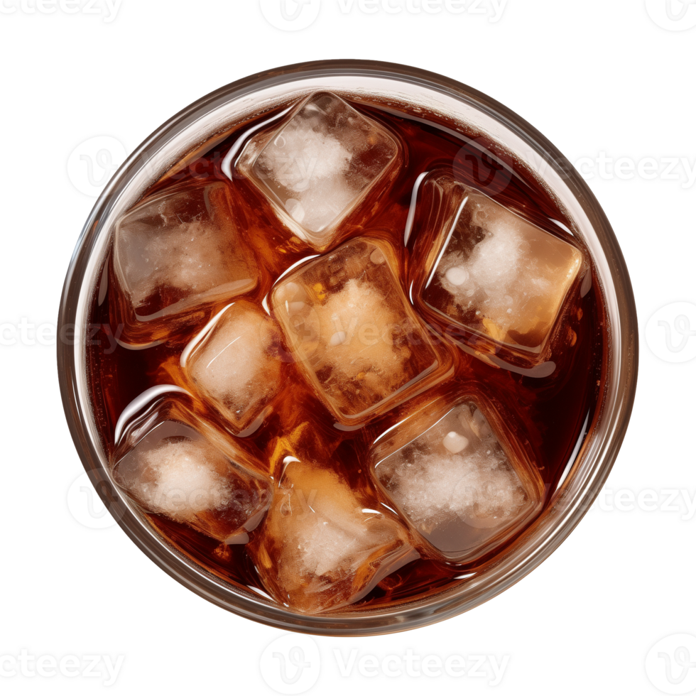 AI generated a glass of iced cola or iced tea isolated on a transparent background, top view png