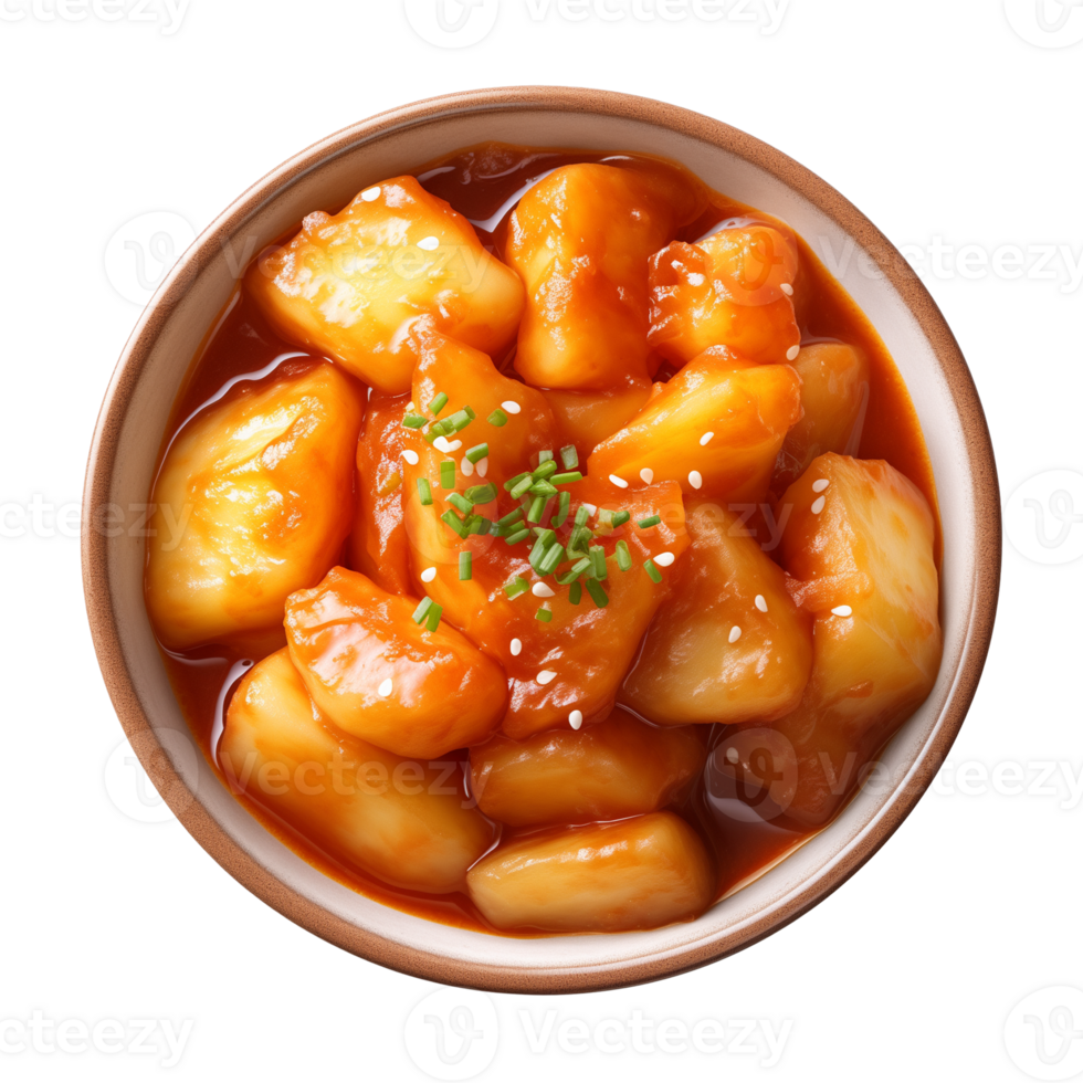 AI generated A bowl of Korean food, tteokbokki isolated on a transparent background, top view png