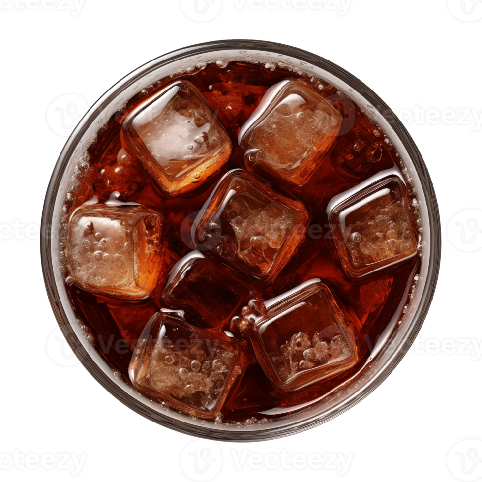 AI generated a glass of iced cola or iced tea isolated on a transparent background, top view png