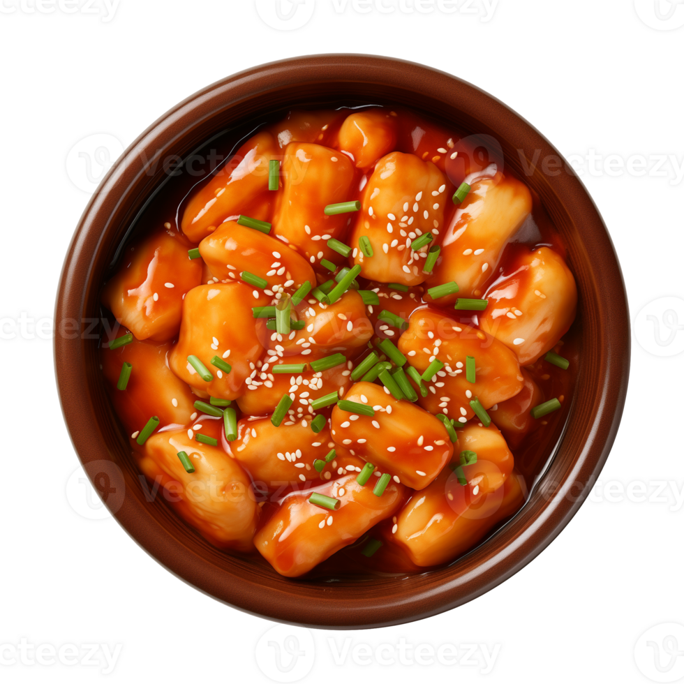 ai gerado uma tigela do coreano comida, tteokbokki isolado em uma transparente fundo, topo Visão png