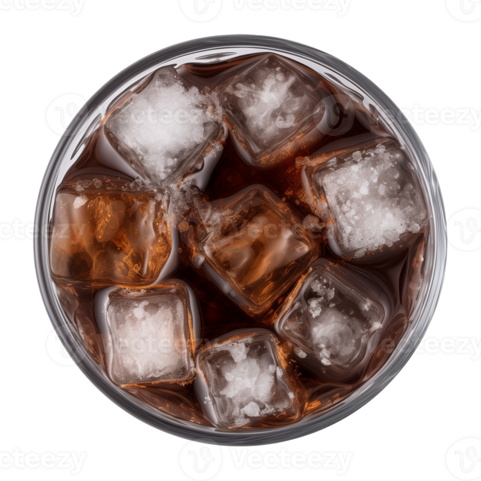 AI generated a glass of iced cola or iced tea isolated on a transparent background, top view png