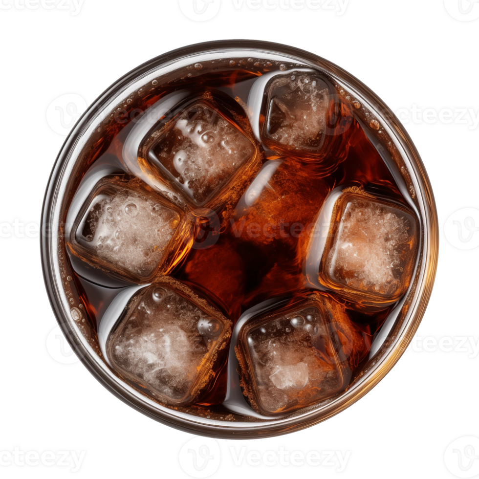 AI generated a glass of iced cola or iced tea isolated on a transparent background, top view png