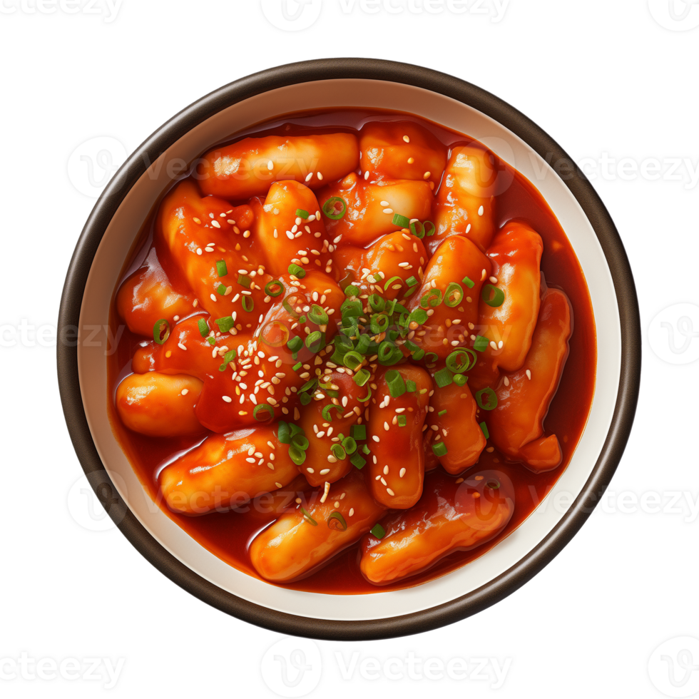 ai gerado uma tigela do coreano comida, tteokbokki isolado em uma transparente fundo, topo Visão png