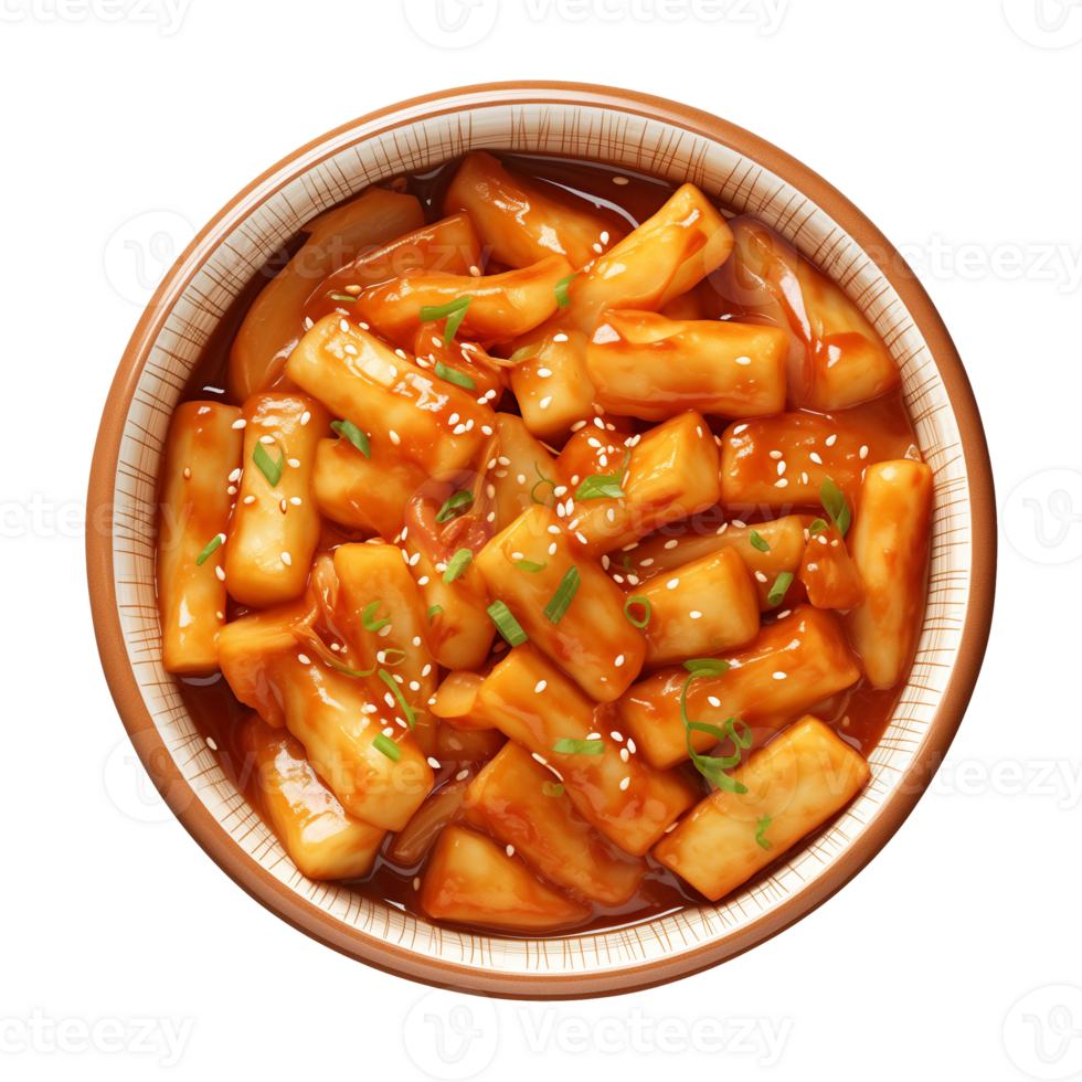 AI generated A bowl of Korean food, tteokbokki isolated on a transparent background, top view png