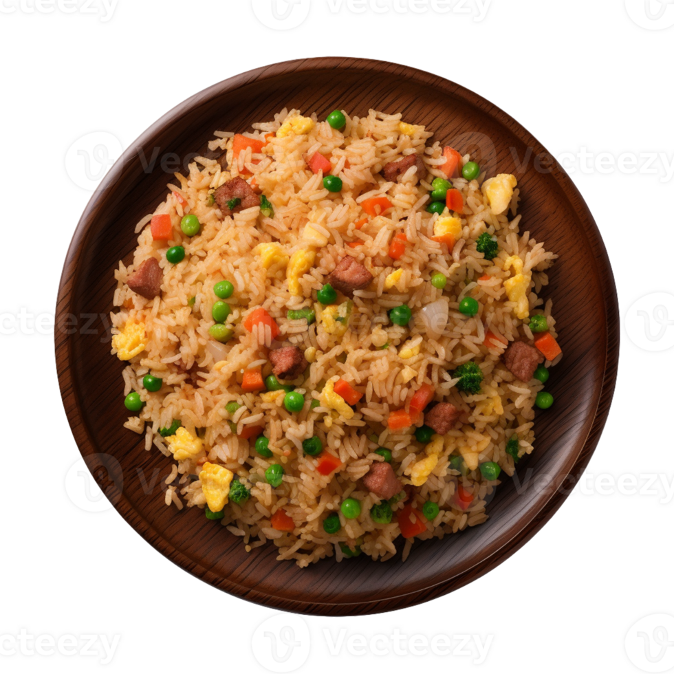AI generated a plate of fried rice isolated on a transparent background, top view, cut out png