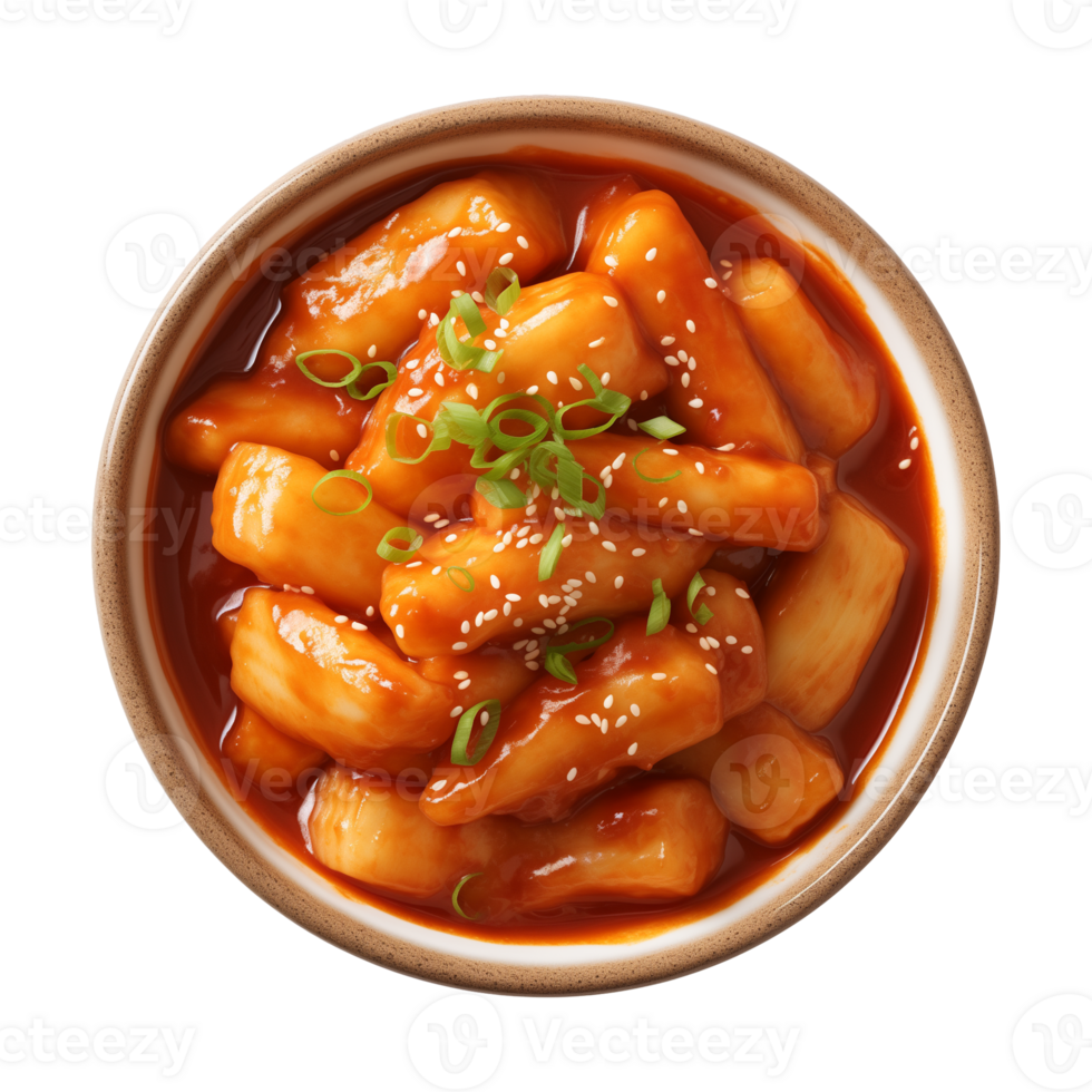 ai gerado uma tigela do coreano comida, tteokbokki isolado em uma transparente fundo, topo Visão png