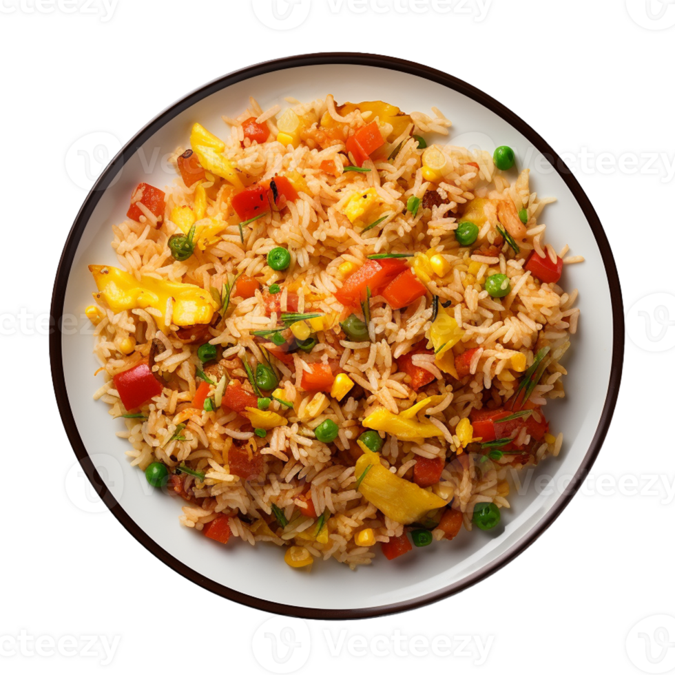 AI generated a plate of fried rice isolated on a transparent background, top view, cut out png