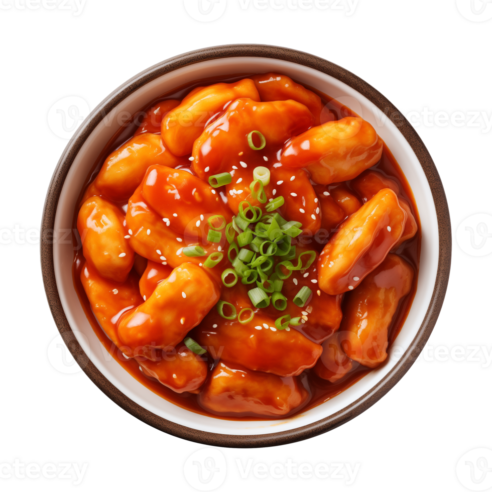 AI generated A bowl of Korean food, tteokbokki isolated on a transparent background, top view png