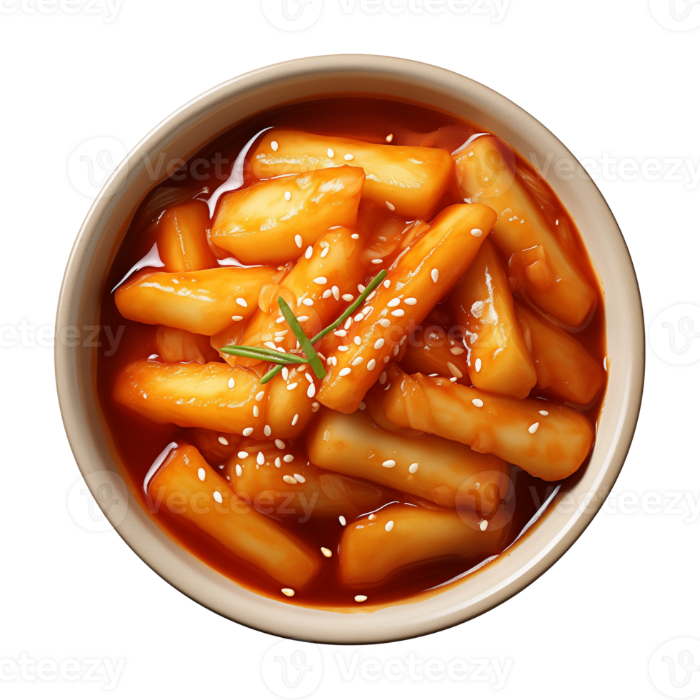 ai gerado uma tigela do coreano comida, tteokbokki isolado em uma transparente fundo, topo Visão png