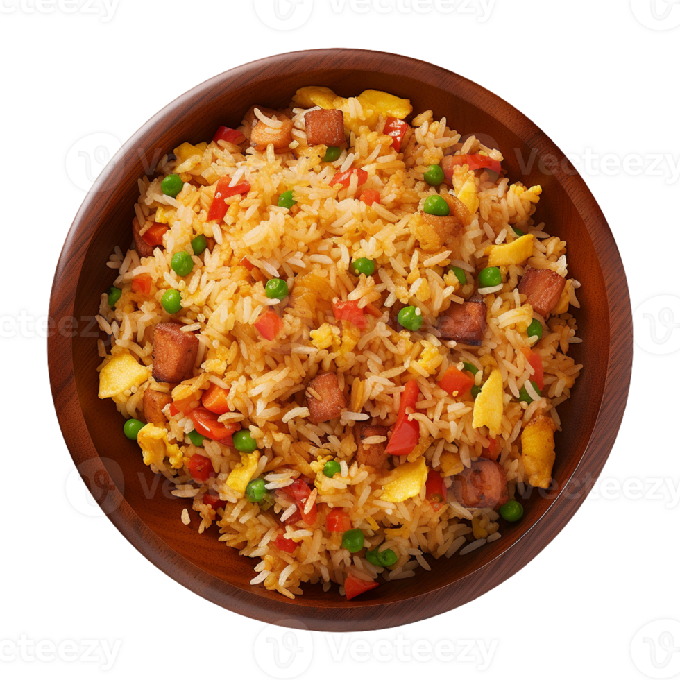 AI generated a plate of fried rice isolated on a transparent background, top view, cut out png