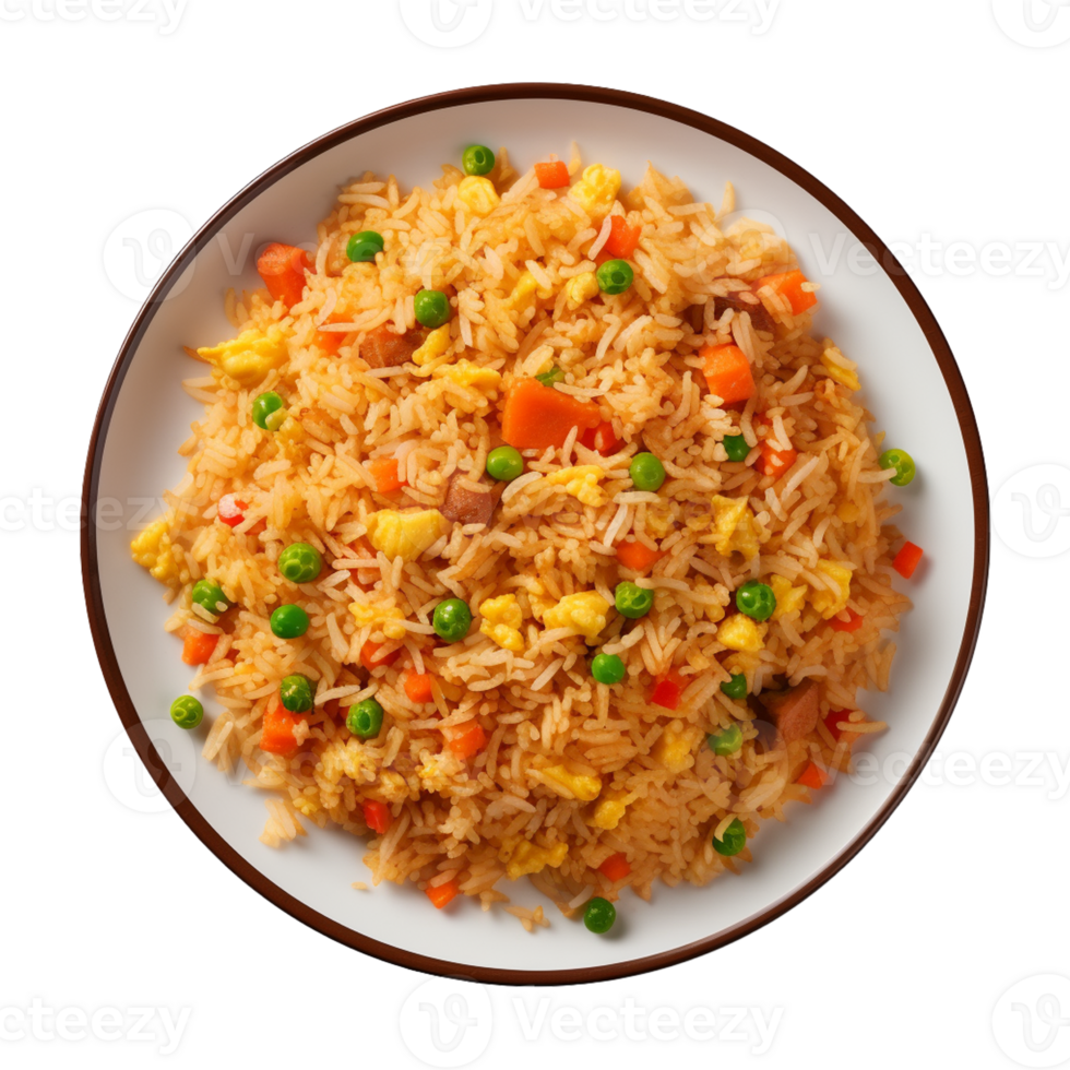 AI generated a plate of fried rice isolated on a transparent background, top view, cut out png