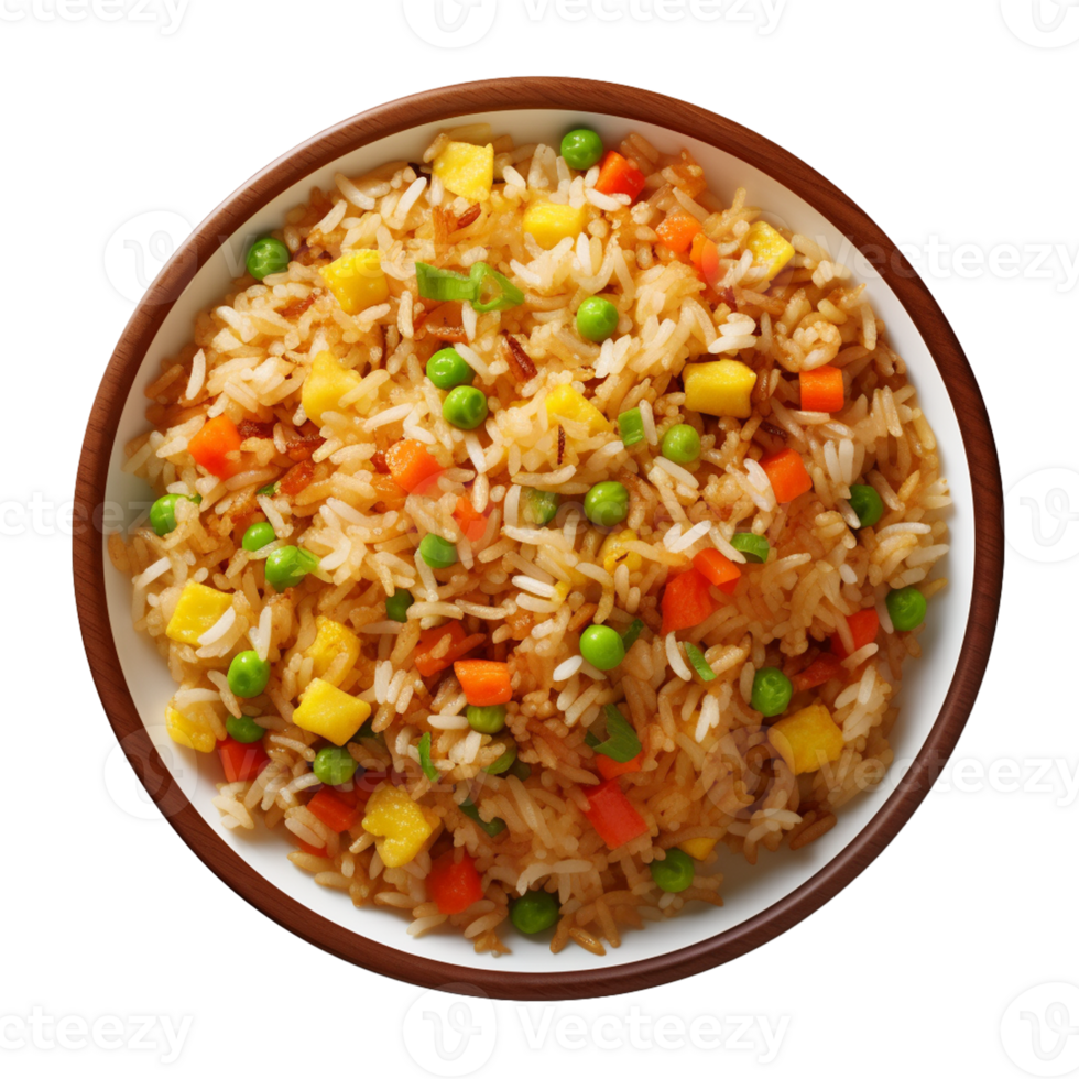 AI generated a plate of fried rice isolated on a transparent background, top view, cut out png