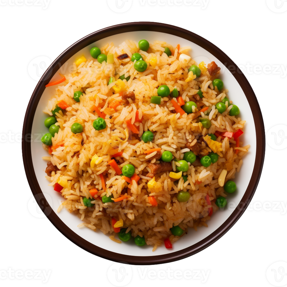 AI generated a plate of fried rice isolated on a transparent background, top view, cut out png