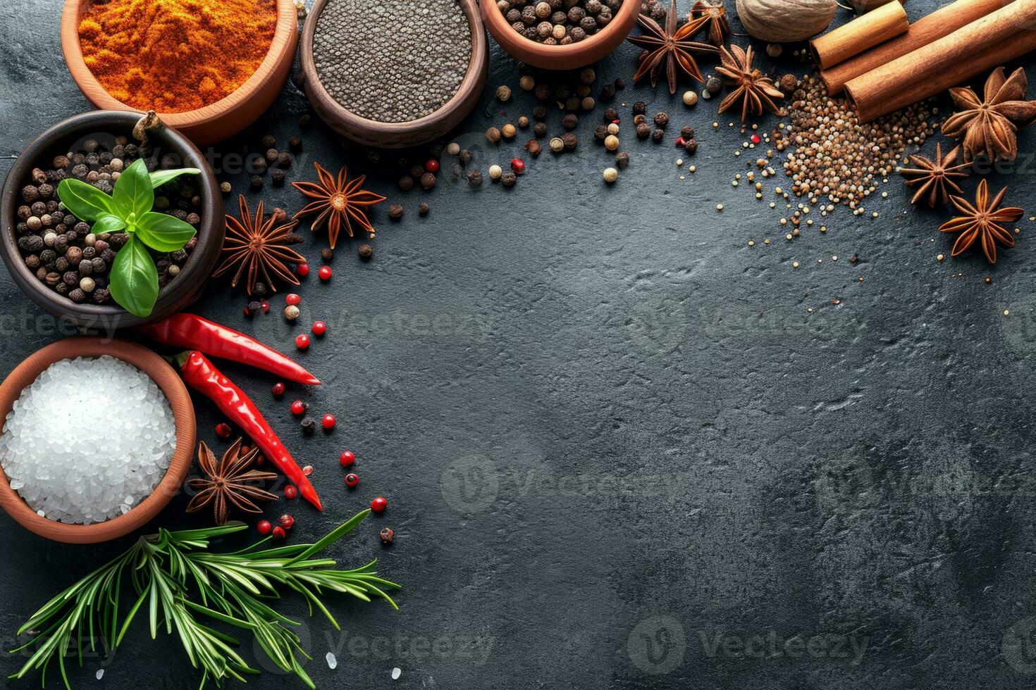 AI generated Vibrant Array of Exotic Spices and Herbs Artfully Displayed on a Dark Slate Background Created With Generative AI Technology photo