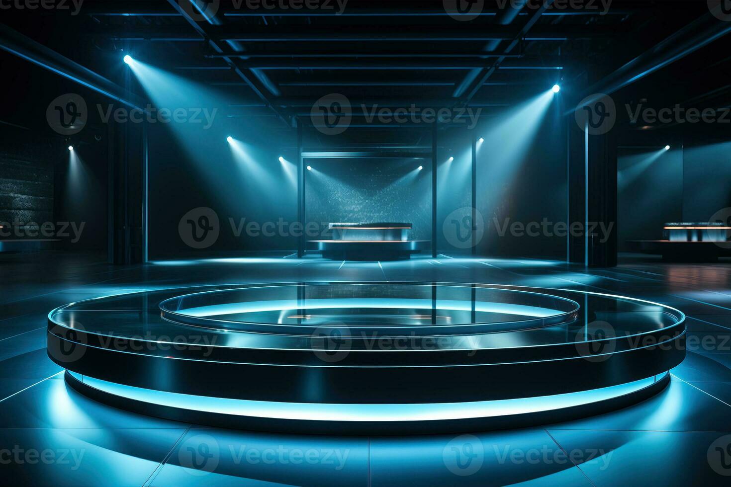 AI generated Dark blue podium with neon. photo
