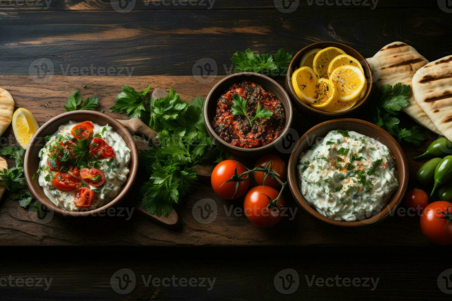 AI generated Group of Traditional Greek Food Bowls on a Wooden Board Created With Generative AI photo