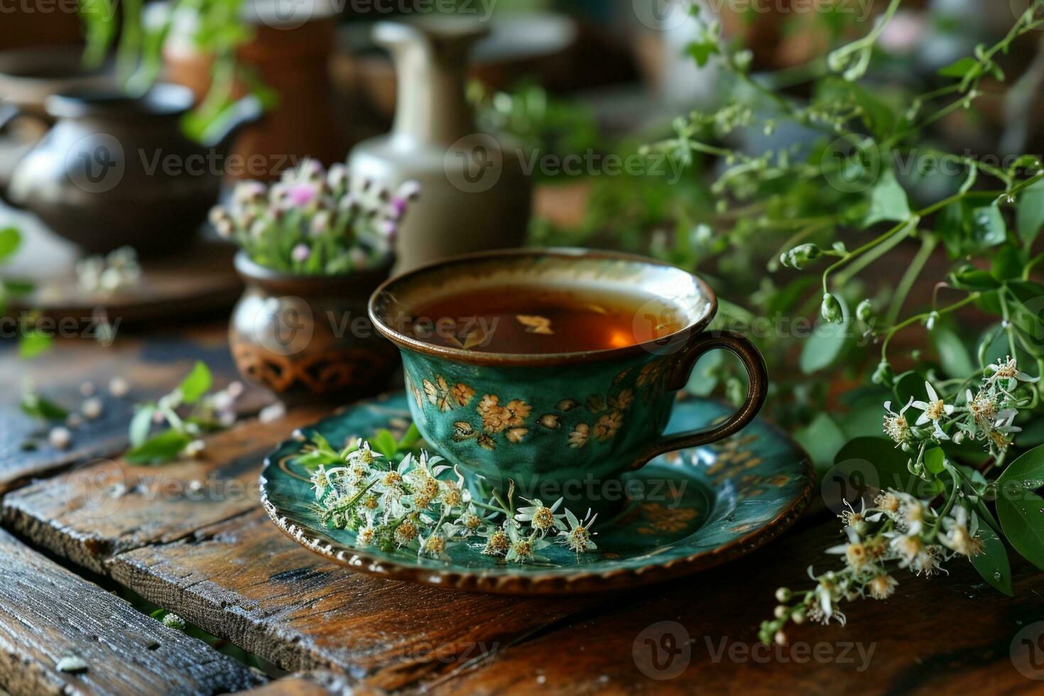 AI generated Refreshing Cup of Moringa Herbal Tea with Beautiful Flowers Created With Generative AI Technology photo