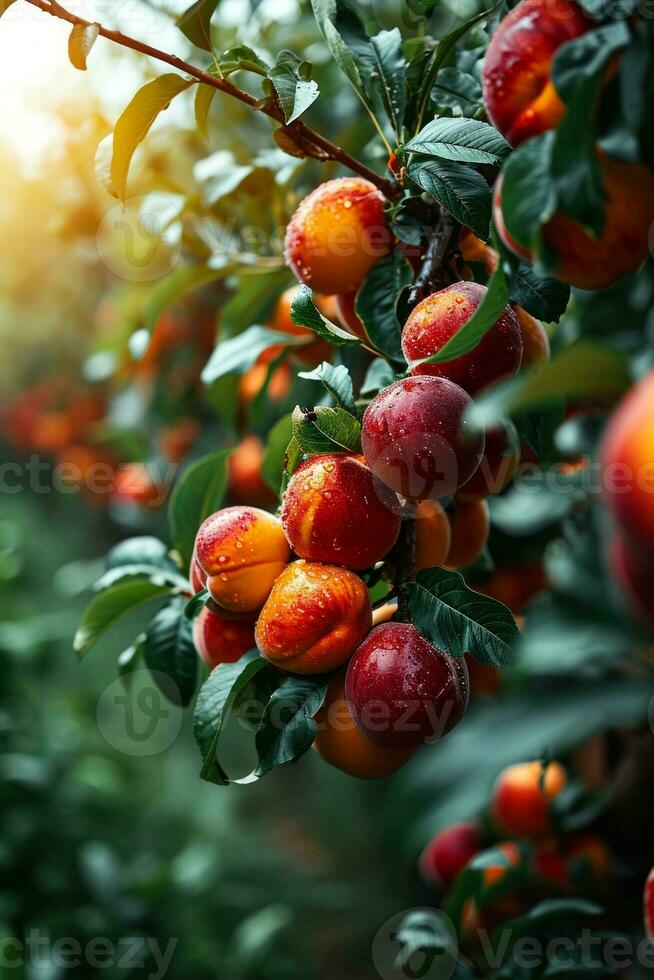 AI generated Sun Kissed Nectarines Dangling Amidst Lush Leaves in a Verdant Orchard at Dawn's Early Light Created With Generative AI Technology photo