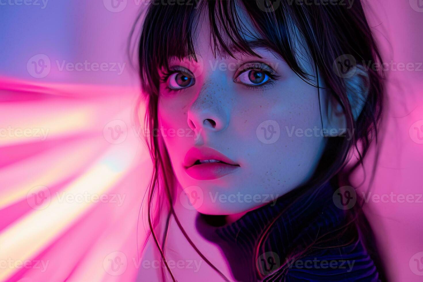AI generated Enchanting Young Woman Captured in a Dreamy Portrait Amidst Vivid Bokeh Lights at Twilight Created With Generative AI Technology photo