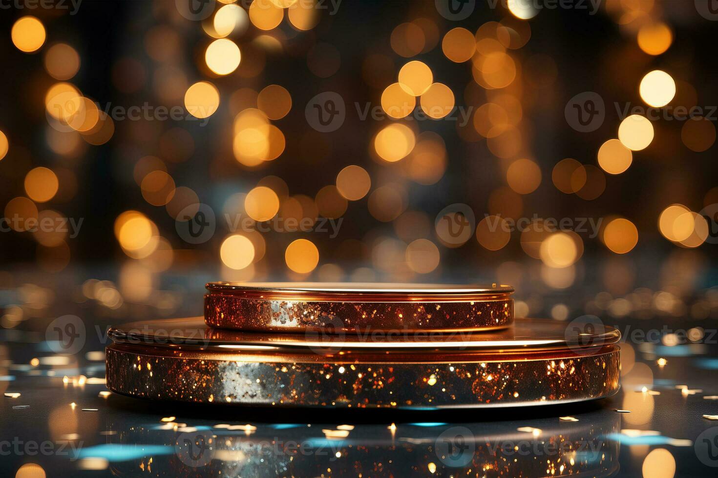AI generated Golden pedestal on a dark background with a bokeh effect. photo