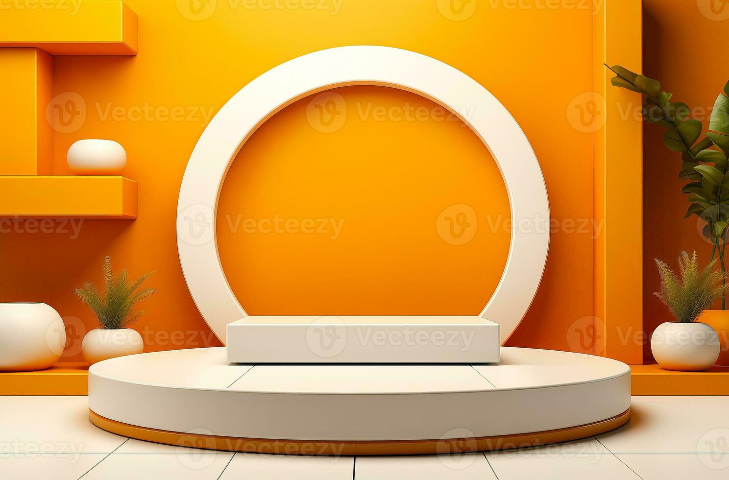 AI generated a small round podium white on a orange background. photo