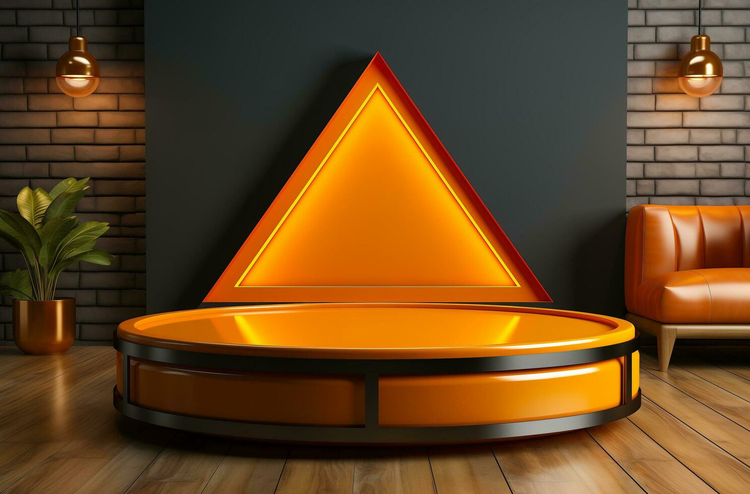 AI generated Orange podium and minimal abstract background, ai technology photo