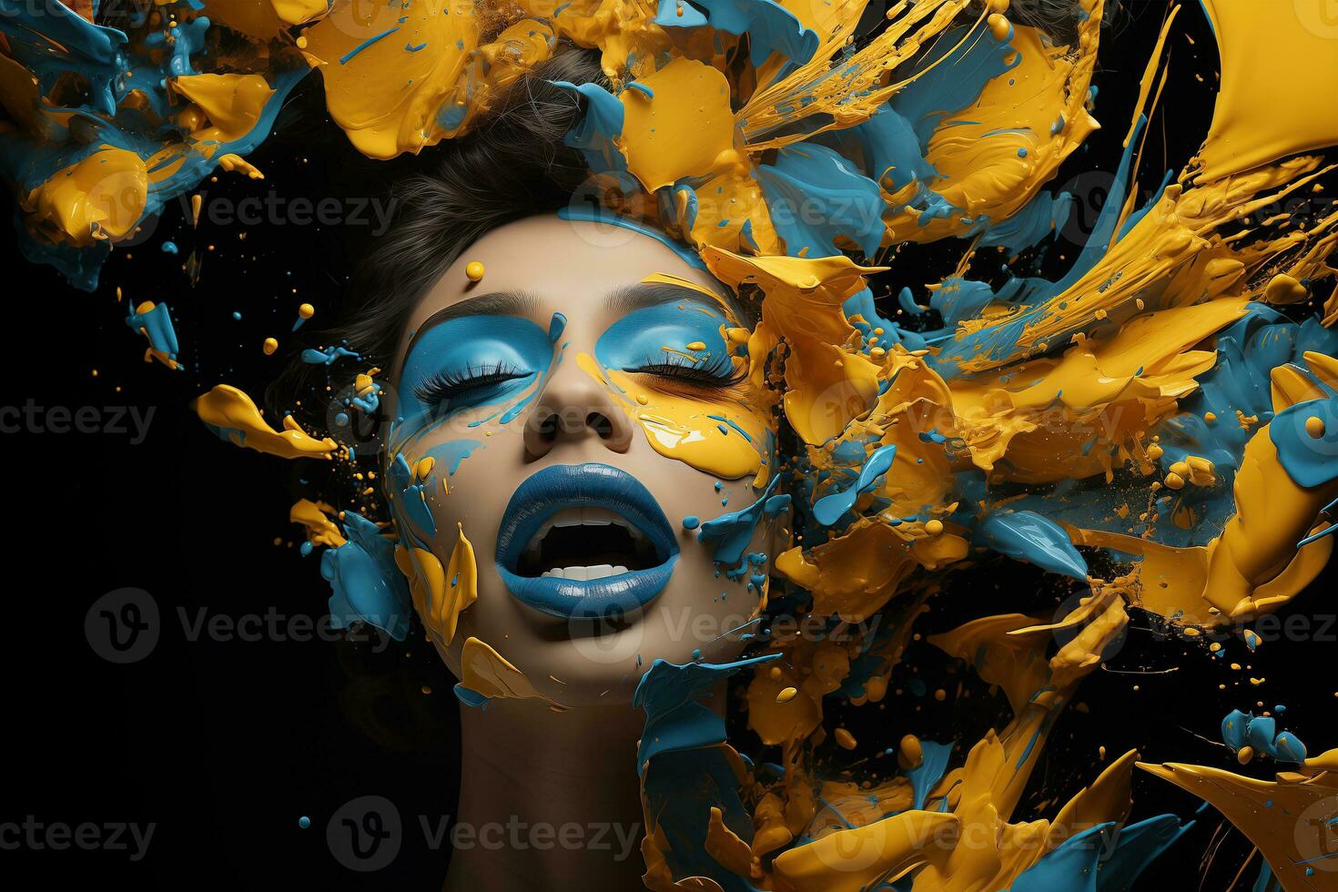 AI generated A girl with blue lips and yellow-blue paint splatters. photo